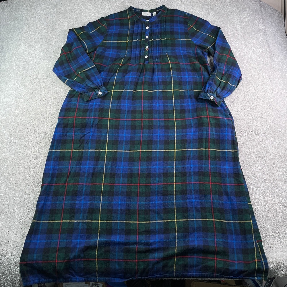 LL Bean Nightgown Womens Large Blue Green Plaid Flannel Pintuck Cottagecore